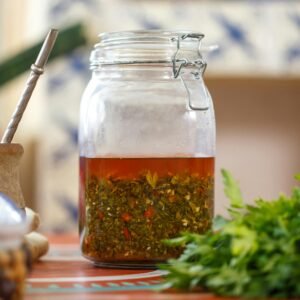 A glass jar filled with vibrant chimichurri sauce surrounded by fresh herbs, ready for a culinary delight.